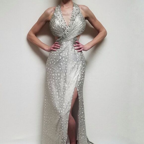 SATIN Snakeskin Silver Sequin Beaded Backless Side Slit Racerback Maxi Dress XS - Picture 2 of 16
